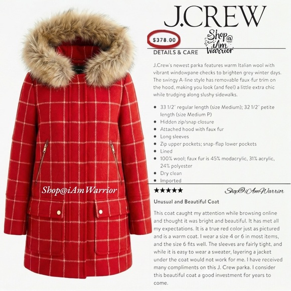 J.Crew lipstick red wool windowpane hooded château parka w/ removable faux trim - Picture 3 of 9